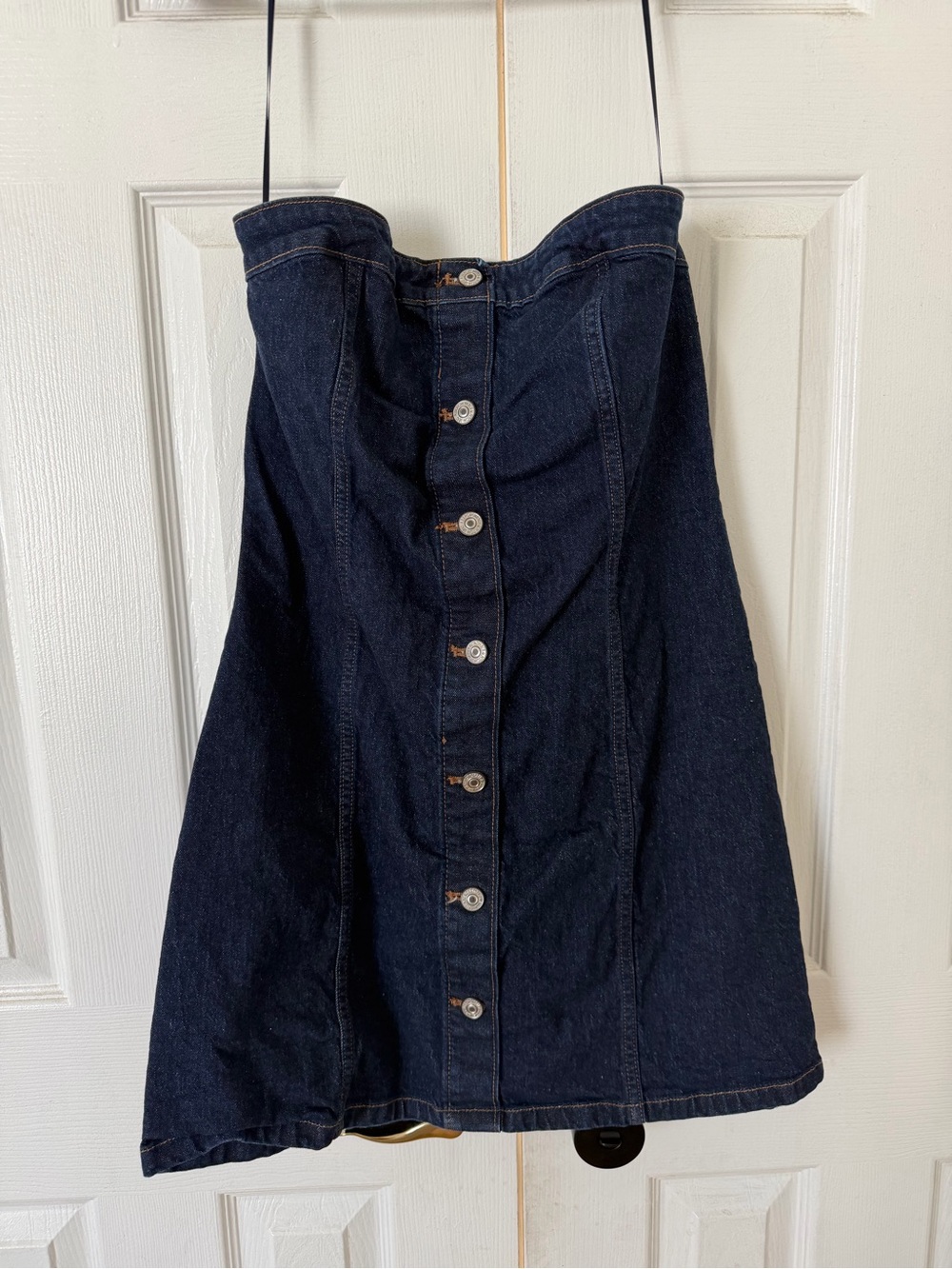 Strapless Button-Front Denim Dress in Dark Blue
